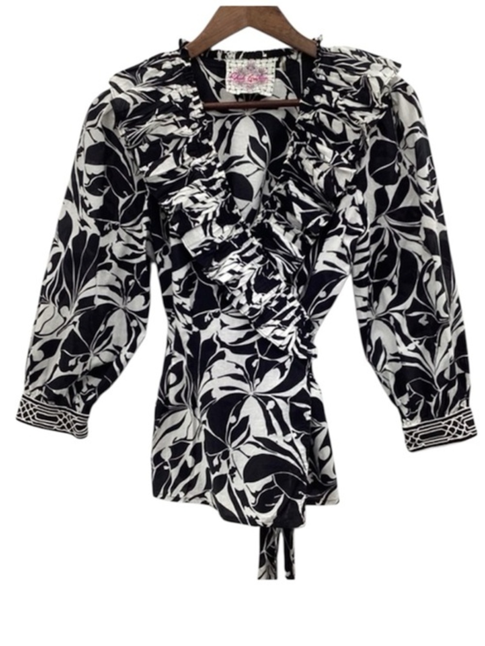 Robert Graham Black and White Floral Wrapped Blouse with Ruffled Colar